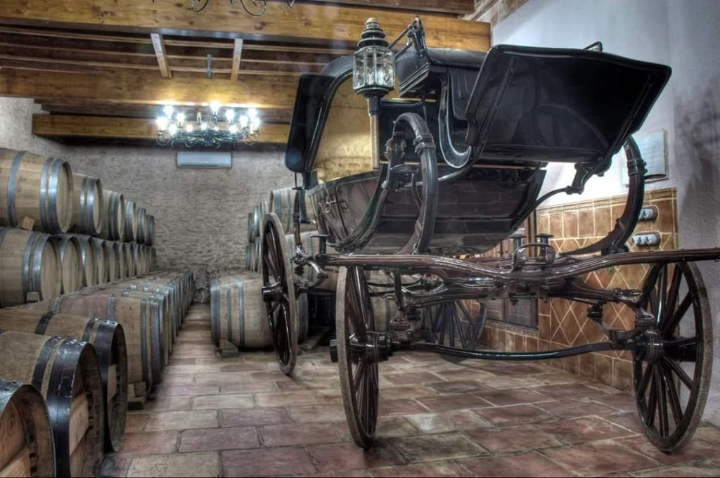 Les barriques et une ancienne calèche — Dominio Los Pinos